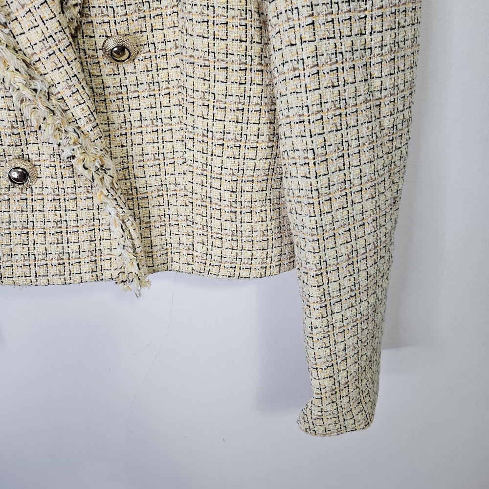 SOLD Zara Tweed Cropped Blazer Sz M Butter Yellow Double Breasted Preppy - Picture 9 of 13